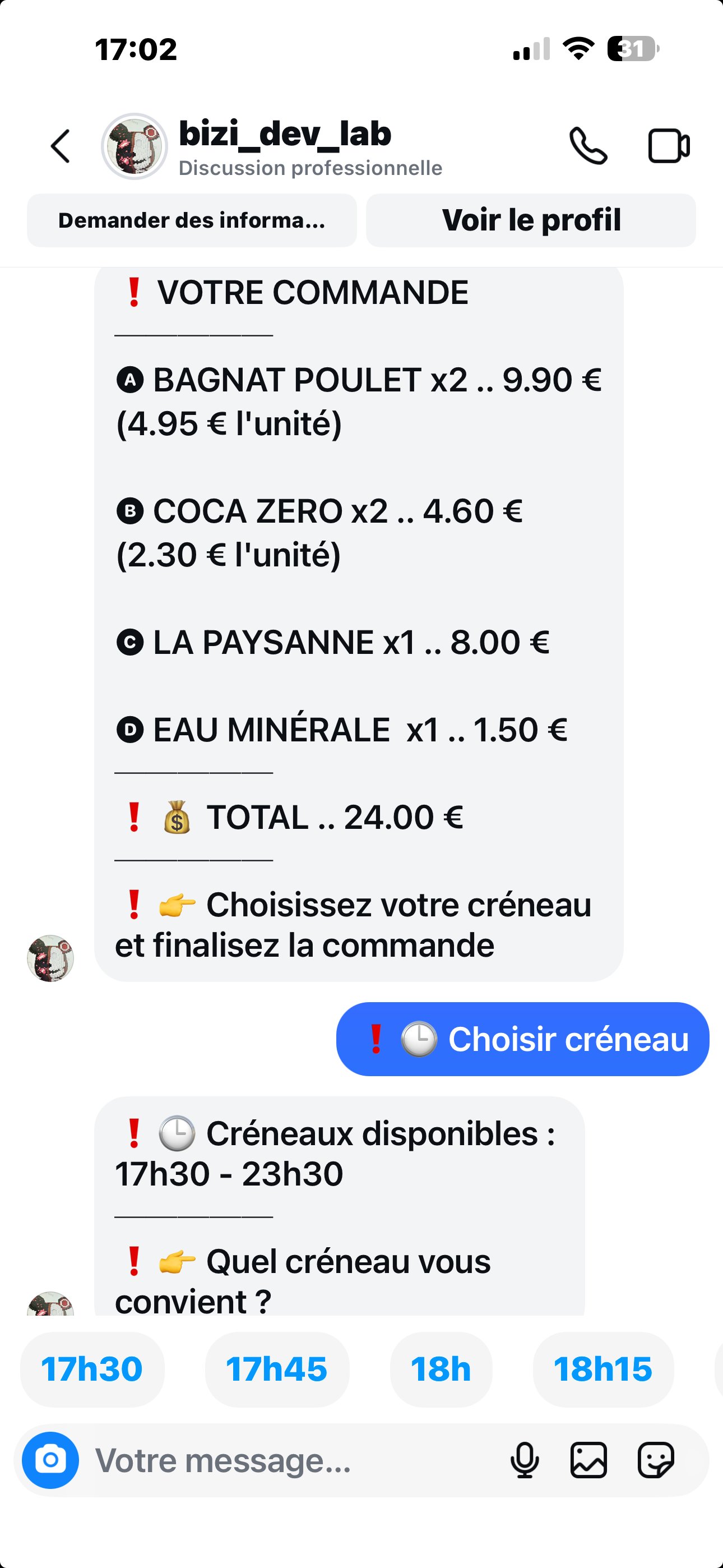 Bot Instagram — récapitulatif commande et créneaux